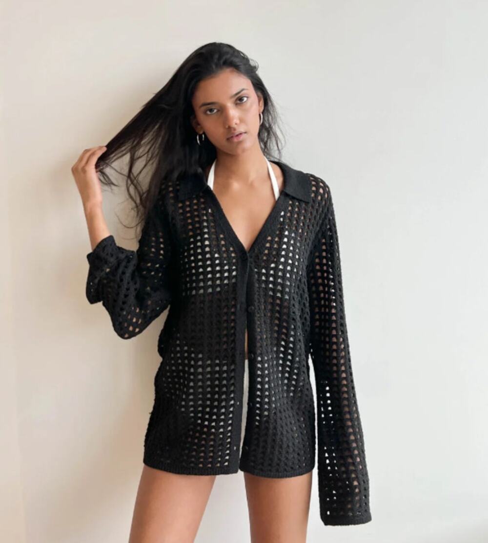 OAK + FORT Black Open Knit Collared Button-Front Cardigan Cover Up XS